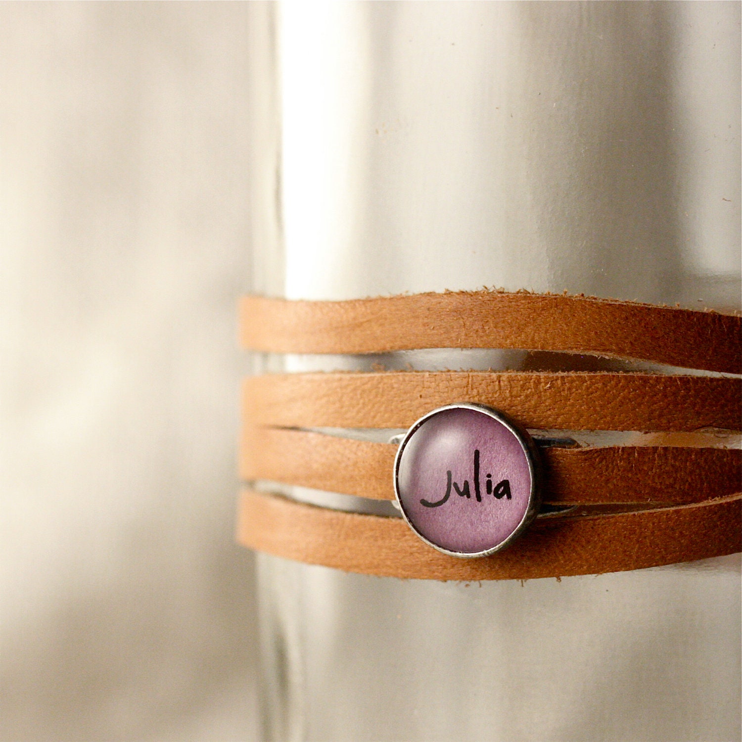 Mom Leather Wrap Customizeable Bracelet - 1 Name, Tan Leather