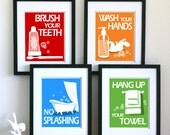 Childrens Bathroom Art Prints,  set of 4 - 5 x 7 - custom colors - children's bathroom rules- kids bathroom decor