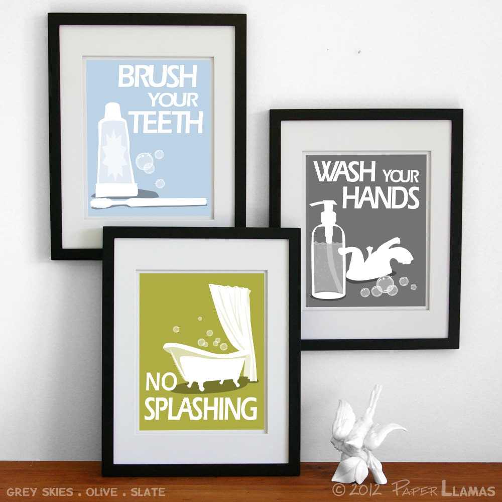 Kids Bathroom Art Prints, Wash Your Hands, Brush Your Teeth, children's bathroom wall art -  Pick 3 - Bathroom rules art for the bathroom