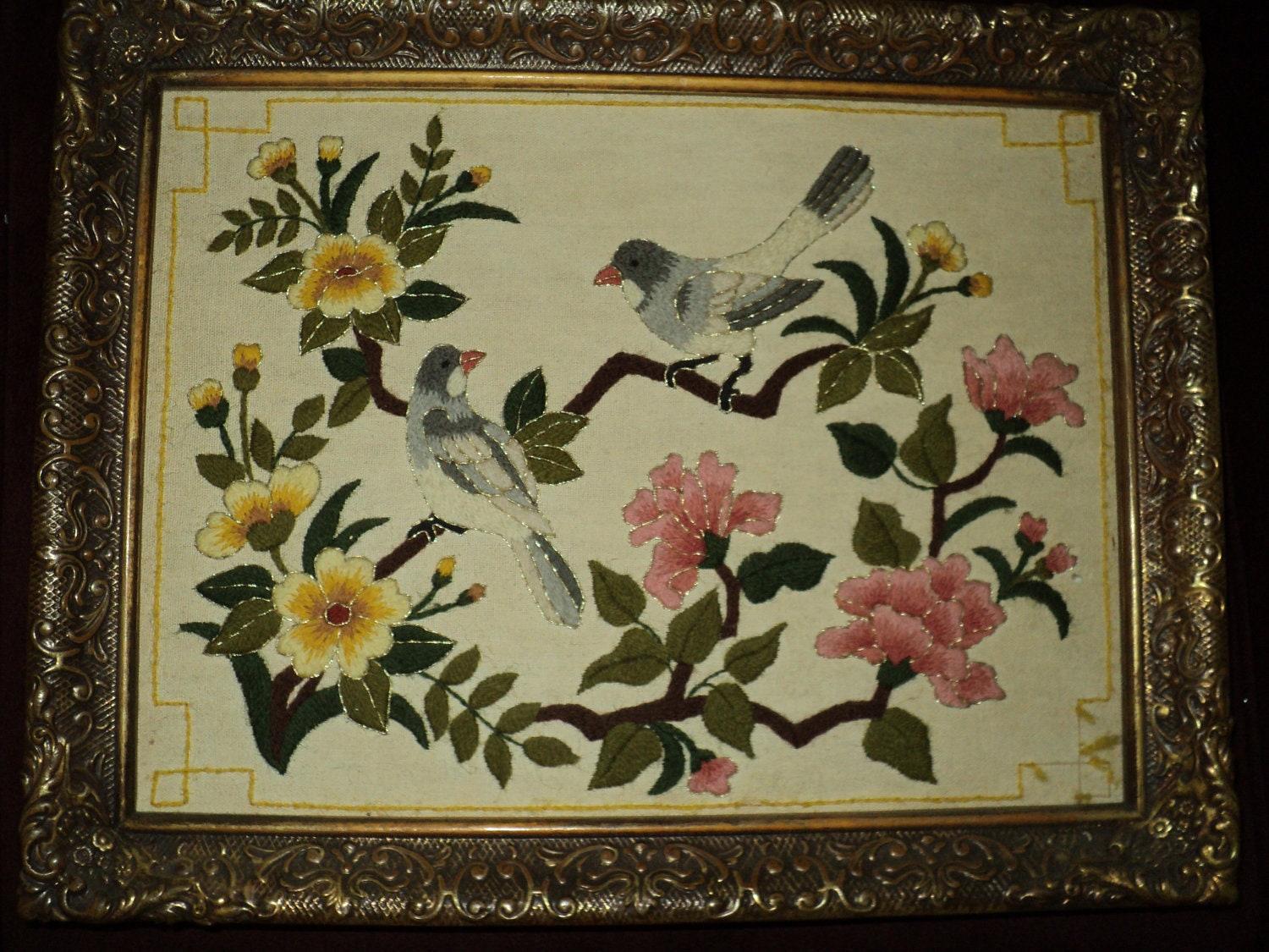 Embroidered Crewel Sampler of BIRDS OF a FEATHER Framed Still Life