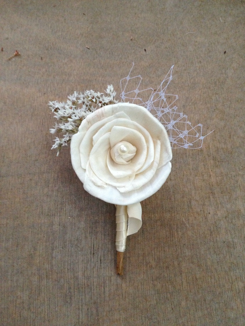Soft White Wildflower Wedding Corsage / Boutonniere - Handmade Sola Wood Rose, Birdcage Netting, Dried Flowers, Buttonhole, Bridal, Cream