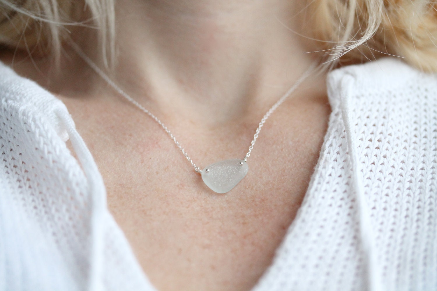 Sea Glass & Sterling Silver Necklace - Light Aqua