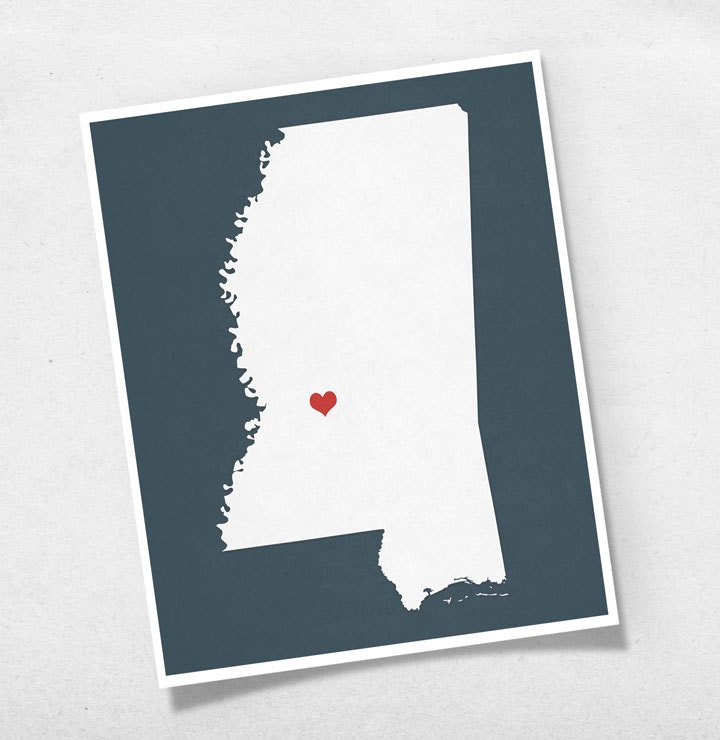 Mississippi State Map Custom Personalized Heart Print I Love USA Hometown Wall Art Gift Souvenir Jackson