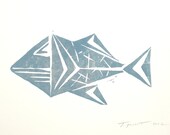 SALE Abstract Tribal Fish Nautical Art Block Print 4 x 6 Home Decor / Subdued Blue, Silver / Hand Pulled Linocut