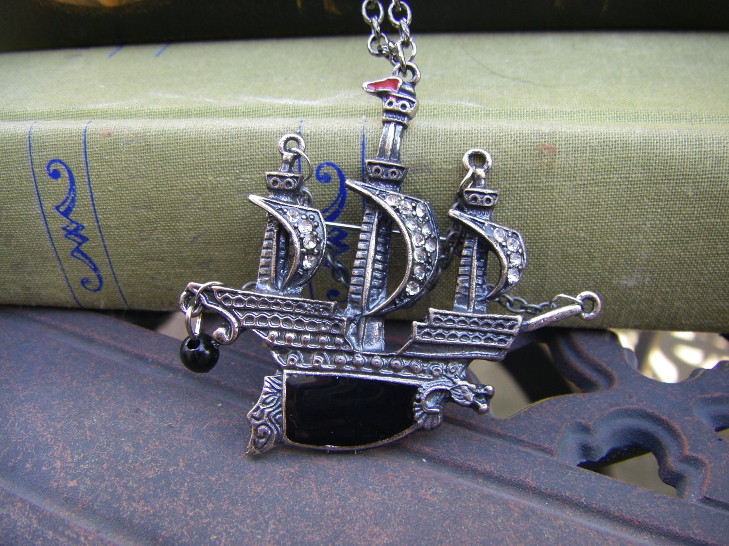 Large Pirate Ship Necklace Gunmetal and Black Enamel
