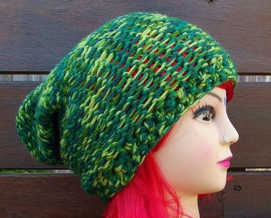 Grunge Slouchy Hat, Punk Beanie,  Multi Colored Greens  ' In Stock / Ready To Ship '
