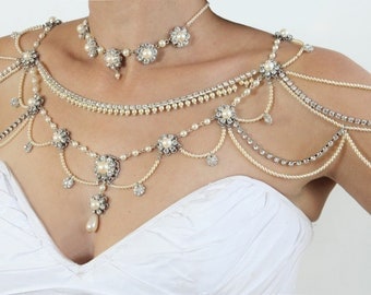Bridal Necklace For The SHOULDERS,Victorian Style,Beaded Pearls And Rhinestone,OOAK Bridal Jewelry,Wedding Jewelry,Vintage,1920's Style