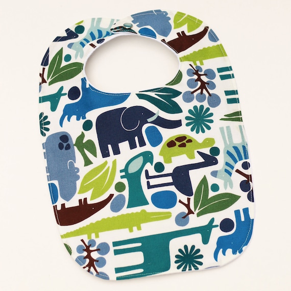 baby bib. blue, green and brown jungle animals. baby boy.