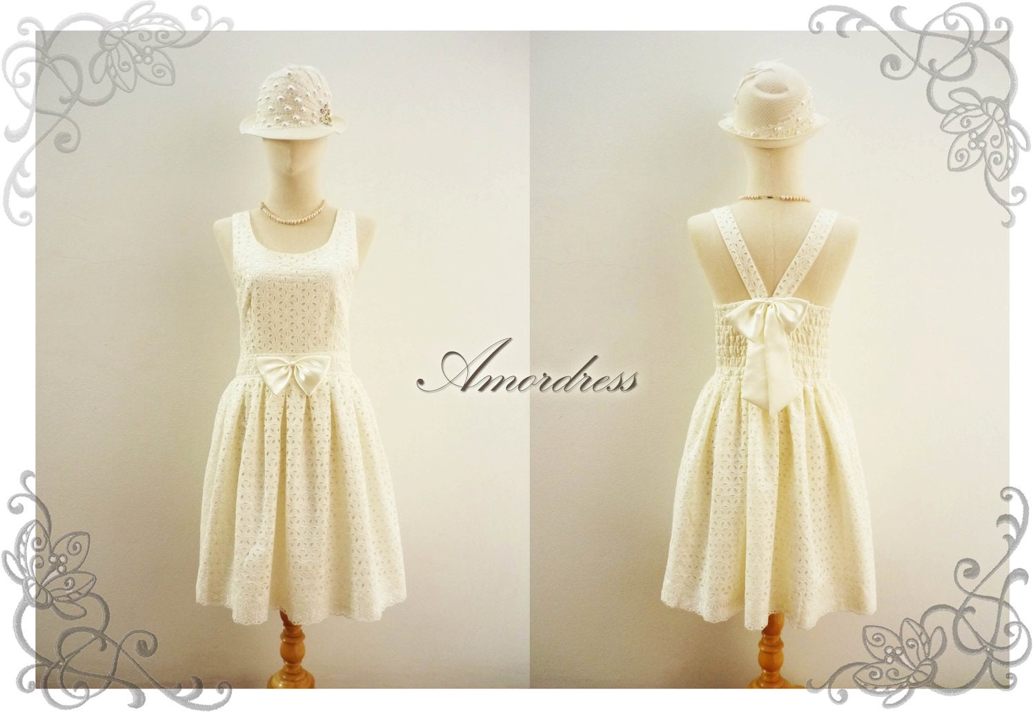 Lace Dress White Cream Sweetest Spell Party Reception Prom Party Bridesmaid Vintage Inspired  Back Bow V Halter Pleated Skirt -Size S-M