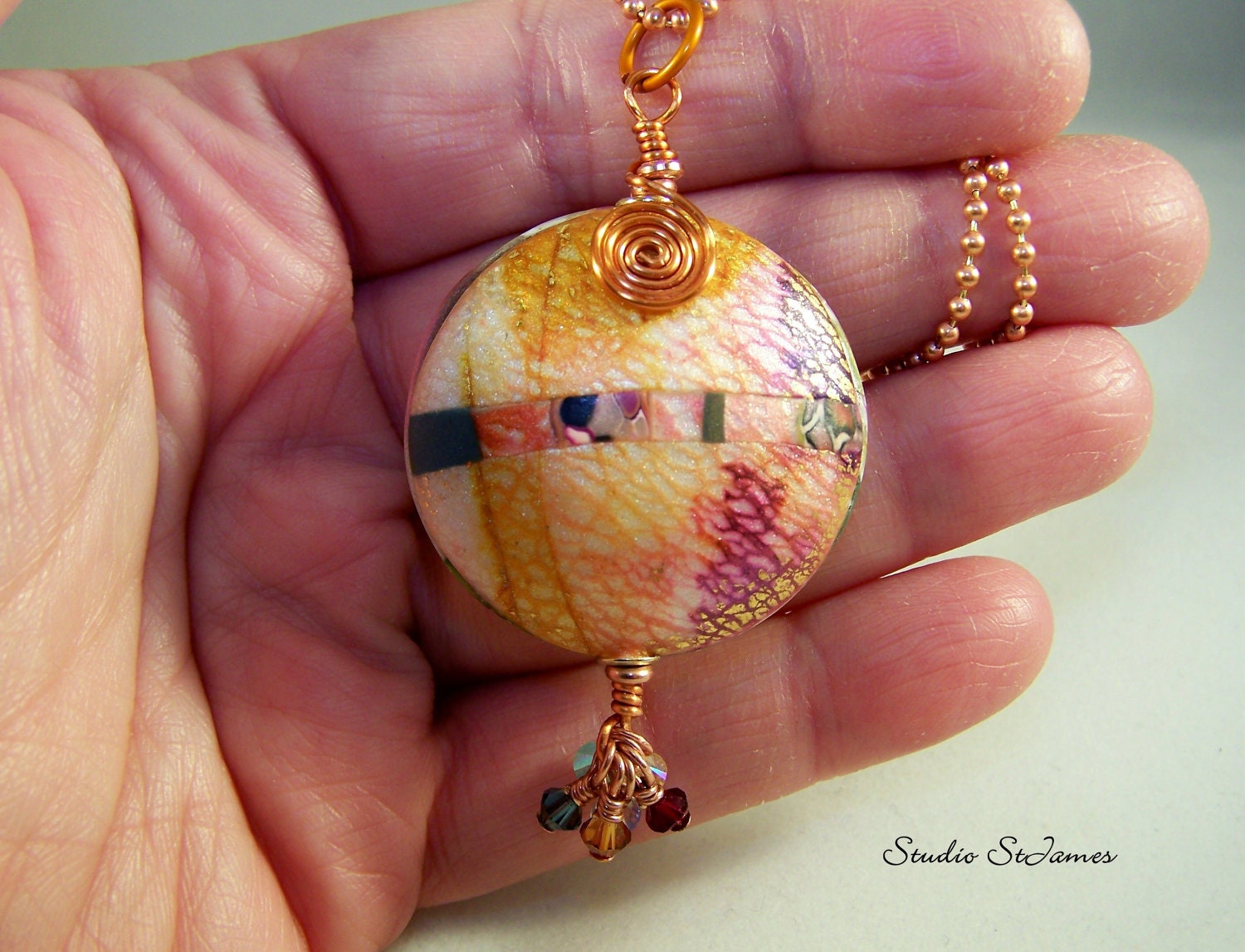 Polymer Clay Pendant with Crystal Fringe on Long Copper Chain  PN 757 - StudioStJames