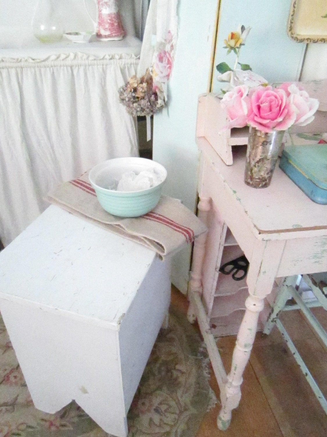 SALE Vintage chippy painted white shabby chic farmhouse stool