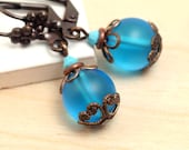 Aqua Earrings, Aqua Drop Earrings, Turquoise Bead Earrings, Teal Dangle Earrings, Glass Bead Earrings, Leverback Earrings, Brass (Patricia)