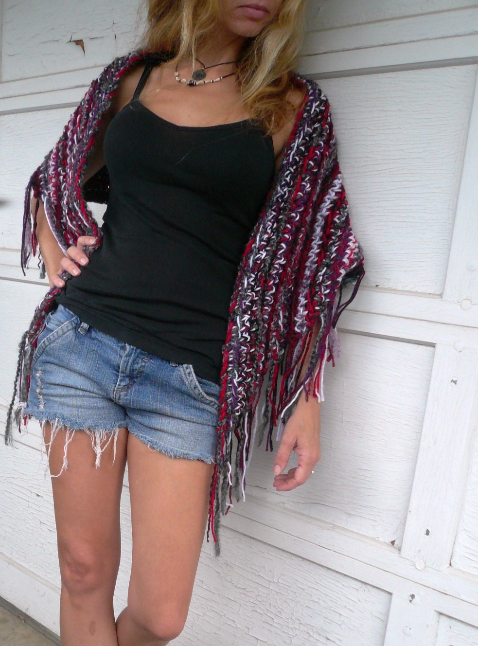 Shawl or Wrap--red, purple, black, white, crochet, festival, hippie, gypsy