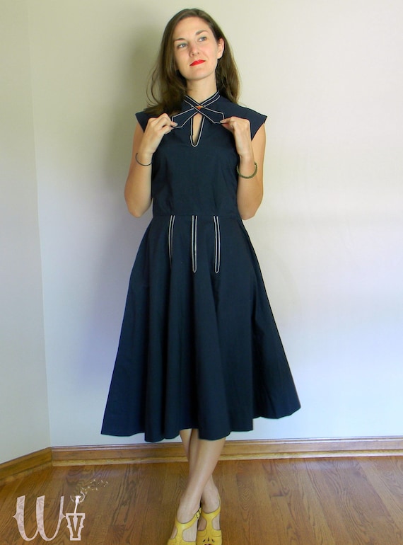 Navy Blue 50's Circle Dress w/ Continental Style Neck Tie and Pockets