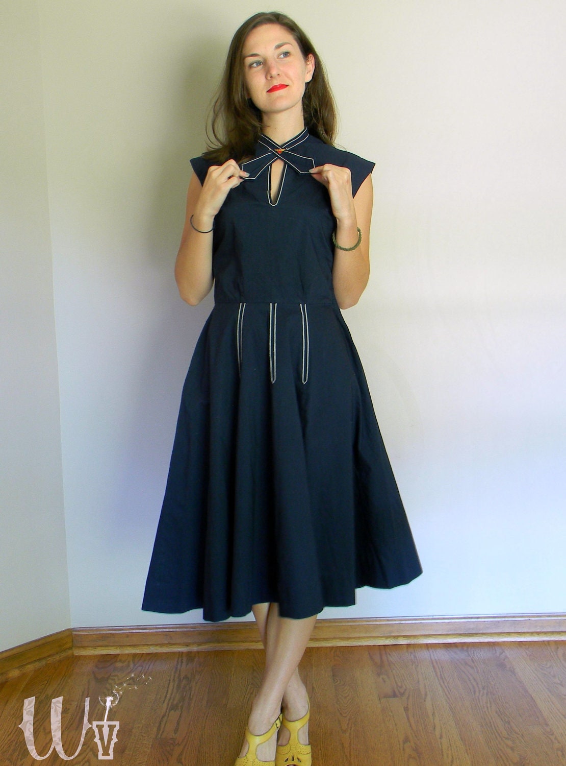 Navy Blue 50's Circle Dress w/ Continental Style Neck Tie and Pockets