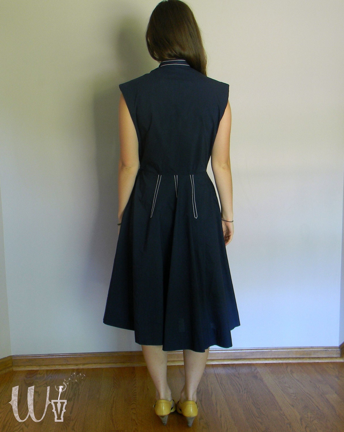 Navy Blue 50's Circle Dress w/ Continental Style Neck Tie and Pockets