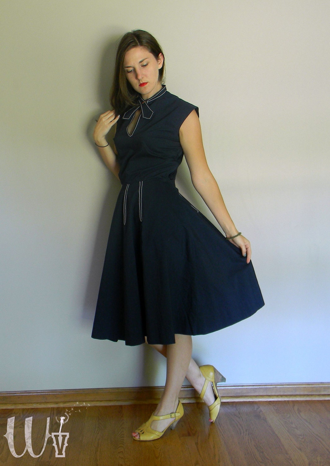 Navy Blue 50's Circle Dress w/ Continental Style Neck Tie and Pockets