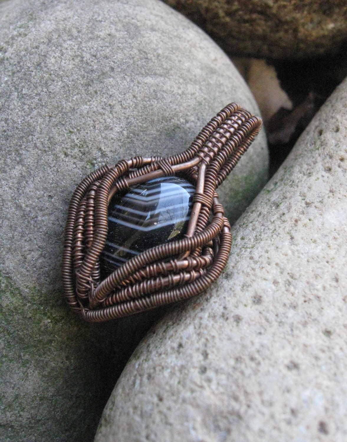 Black Banded Agate Wire Wrap Artisan Pendant in Oxidized Copper