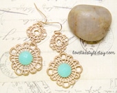 Matte Gold Metal Lace with Mint Stone Earrings, Bridal Earrings, Bridesmaid Earrings, Bridal Shower Gift