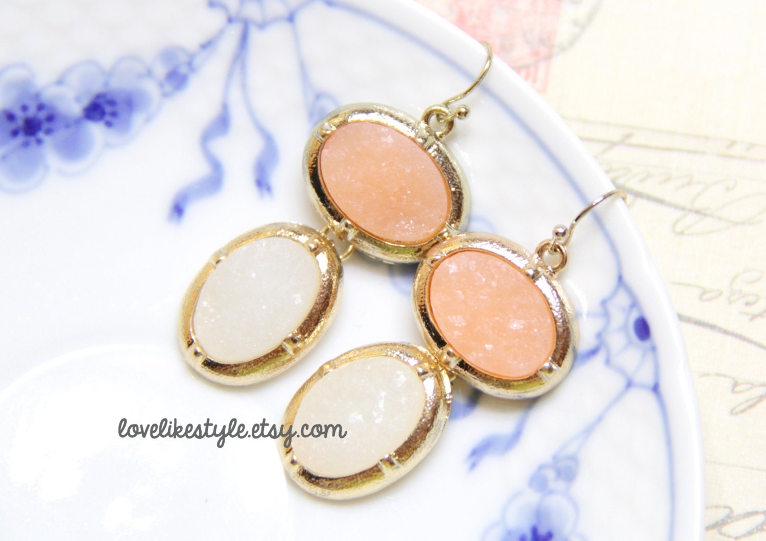 Peach and Ivory  Druzy Stone Earrings, Bridal Earrings, Bridesmaid Earrings
