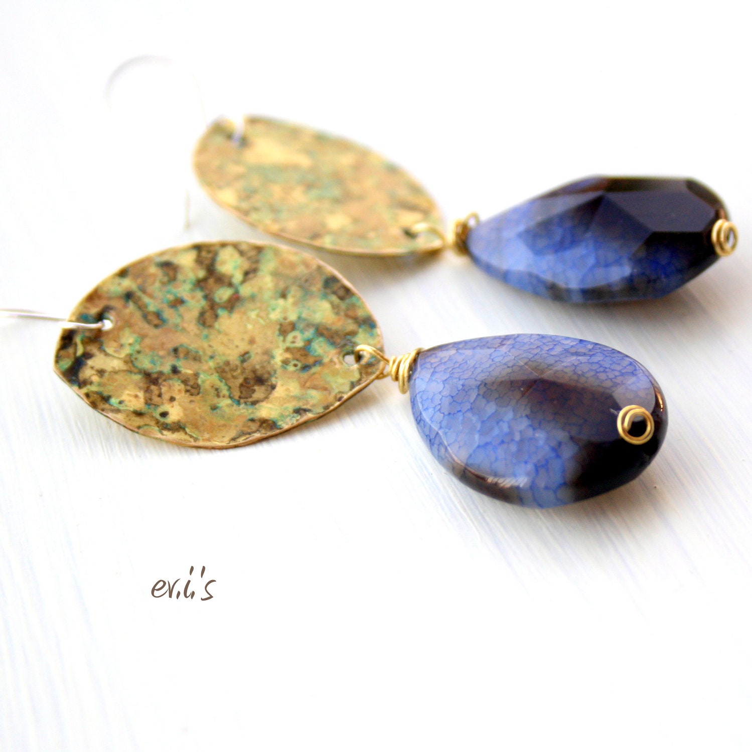 Blue Cracked Agate Teardrop Brass Handcrafted Eco Friendly Oxidized Metalwork Chandelier Artisan Boho Dangle Drop Earrings Gift For Her