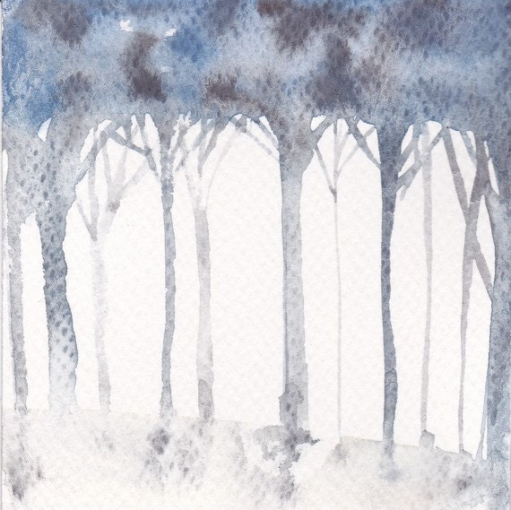 Sale - Buy 2 Get 1 Free Art Watercolor Painting Original Illustration 4x4 Forest Tree Decor Spring Home Decor Navy Blue Grey Art for Bedroom - mallalu