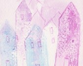 Children Art Original Painting Watercolor 4x4 Illustration House Nursery  Bedroom Decor Kids Wall Art Fuchsia Blue