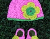 Fitted Hat and Mary Jane Booties with Flowers - Pink Yellow Green - Baby Girl - Any Color/Size - Shoes - Newborn Shower Gift - Knit Crochet