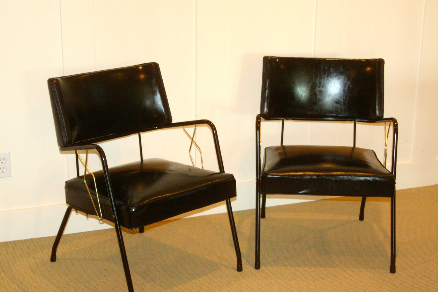 Vintage Pair of Mid Century Modern Black Vinyl Chairs Eames Era 1950s Atomic Set