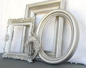 Silver Ornate Vintage Frames set of 4 Brushed Nickel Metallic Upcycled Painted OPEN frames Hollywood regency glam Paris Metallic Shiny Decor