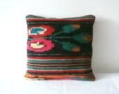 Kilim Pillow Cover - Bright Stripes and flower - Romanian kilim rug pillow case, upcycled kilim rug - throw pillow decorative pillow - 16x1