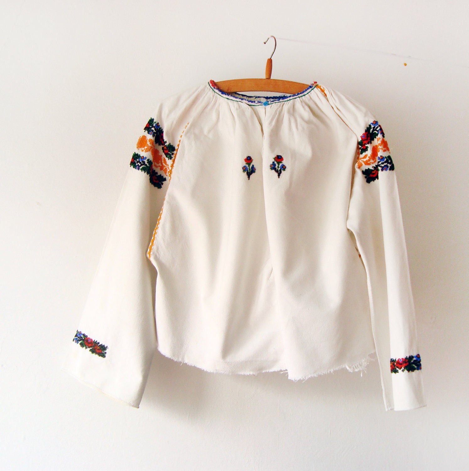 Beaded Blouse - Antique Ukrainian Ethnic Costume Blouse hand beaded with small colorful beads in flower motifs