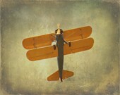 Airplane Art Print - Vintage Nursery Boy Room Home Decor Yellow Blue Gray Biplane Aviation Flying Photo