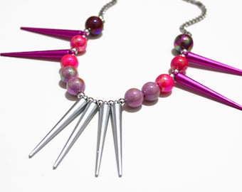 PinkMoon, neon bib necklace, neon pink metallic spikes, pastel beads, seapunk mermaid style, OOAK statement necklace