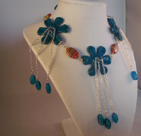 Beaded Choker - Polymer Clay Daisies - Turquoise