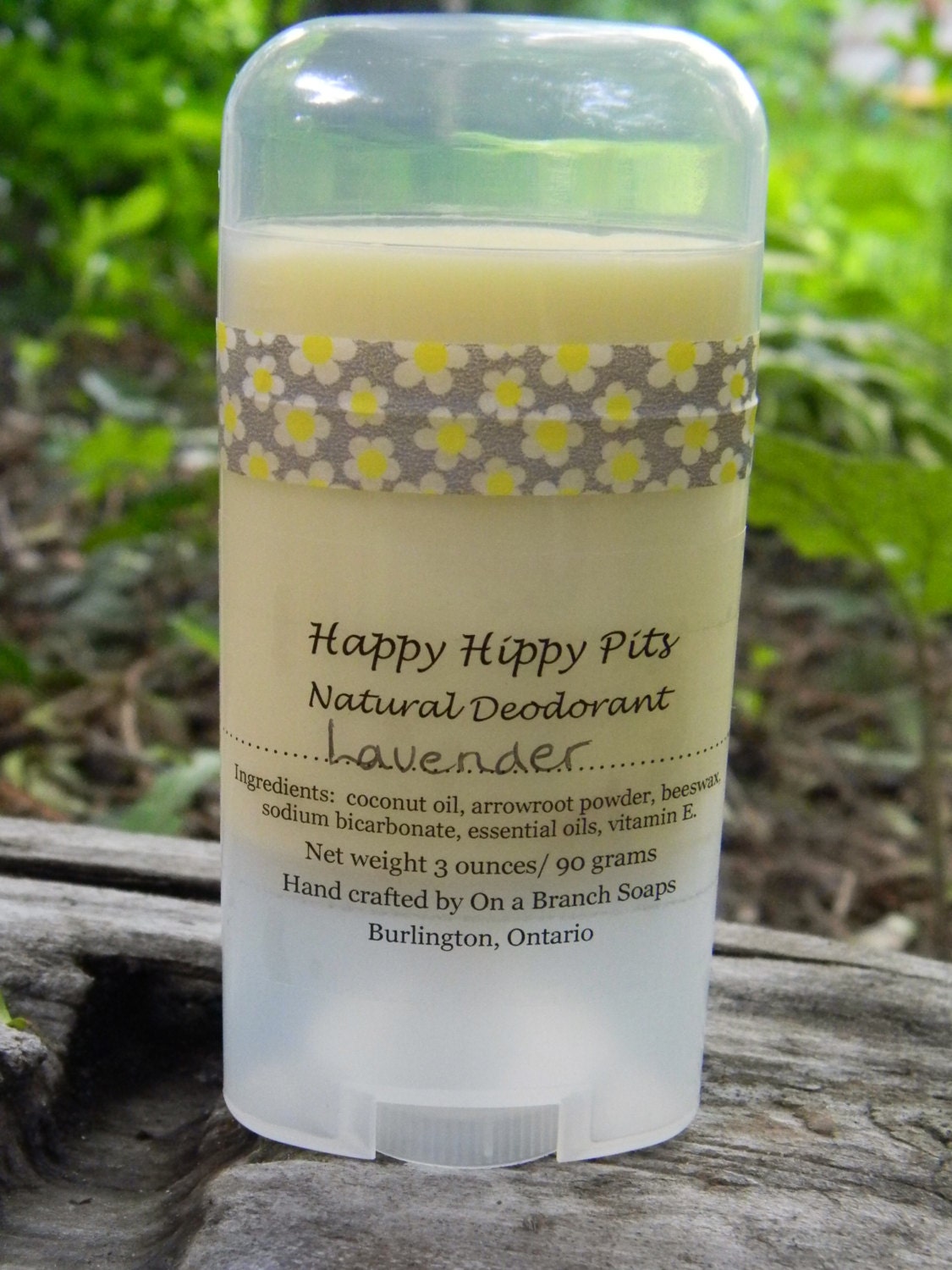 Happy Hippy Pits, Natural Deodorant, Solid, Lavender, on a branch soaps