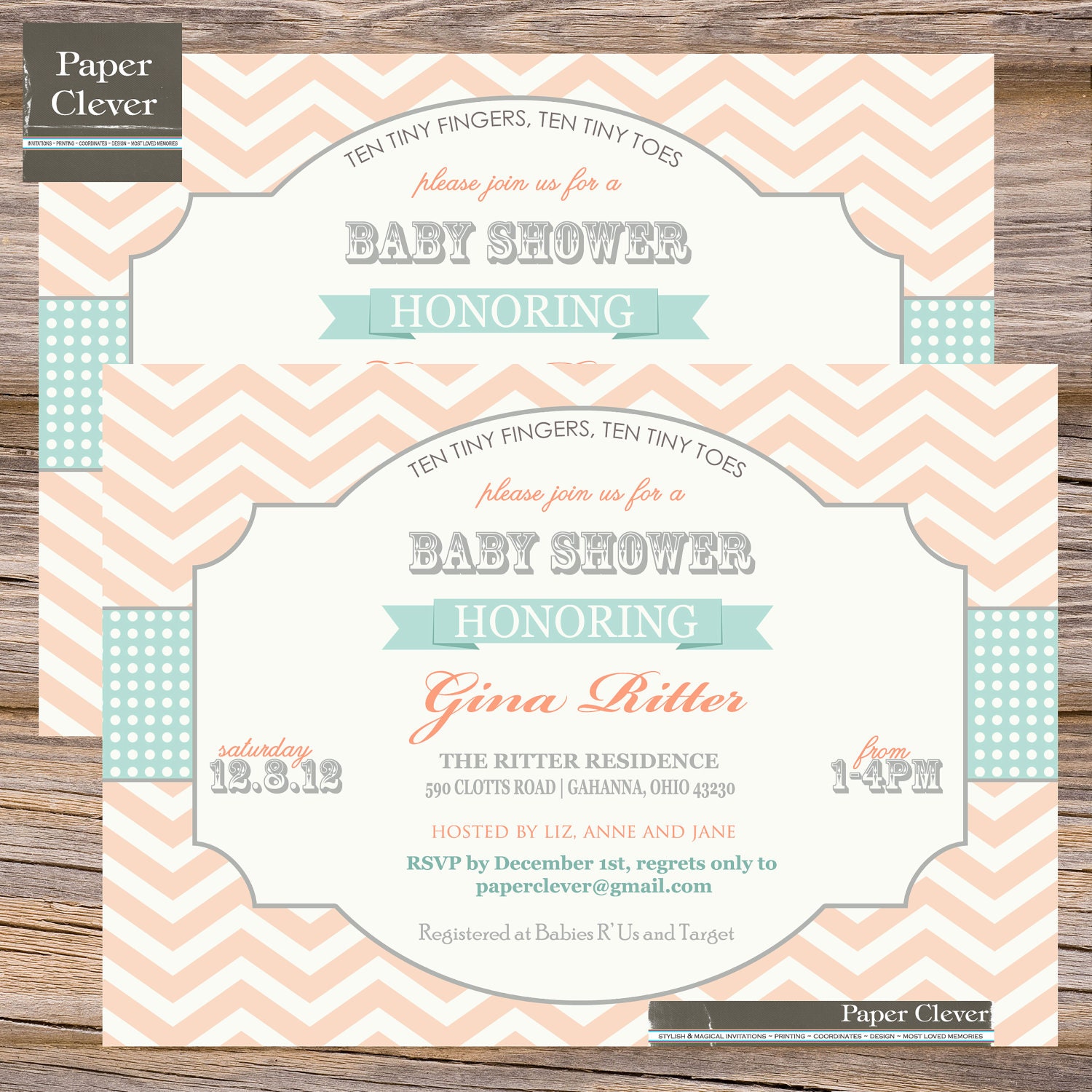 girls baby shower invitation shabby chic chevron stripe coral, grey & mint.-digital file, printable Il_170x135