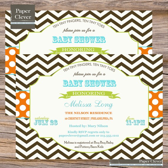 Baby Shower Invitation in Brown Chevron Stripe - orange,aqua and lime-DIY, digital file, printable Il_570xn