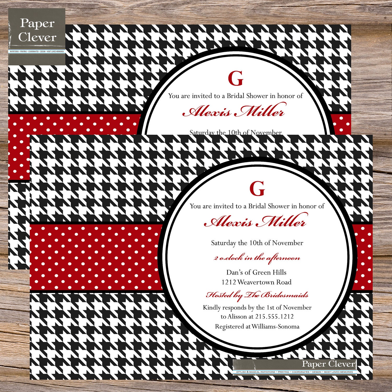 Bridal Shower invitation vintage houndstooth red & black - digital file, printable Il_570xn