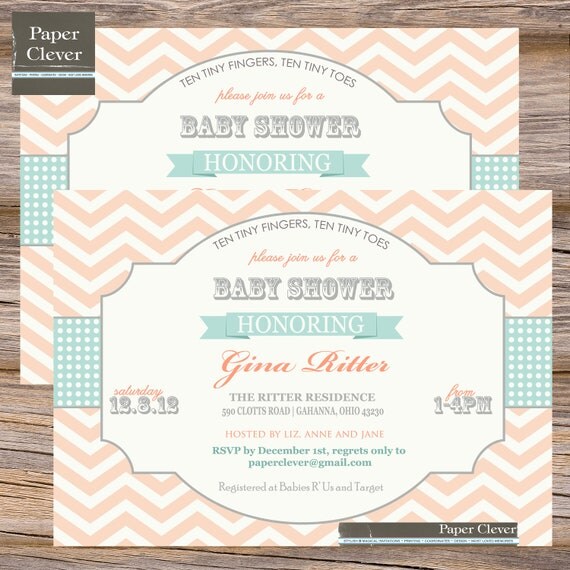girls baby shower invitation shabby chic chevron stripe coral, grey & mint.-digital file, printable Il_570xn