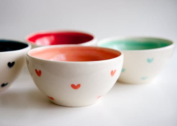 Mint and Coral Teal and Red Heart Bowls- Set of 4- Hand made pottery by RossLab (made to order)