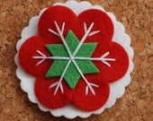 Winter Flower Hair Clip, Wool Felt Flower in Bright Red, Green, and White, Great Gift Topper - PosiesandPetals