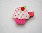 Felt Cupcake Hair Clip, Cream and Pink Cupcake Clippie, Also Available as a Headband, Great Birthday Clip or Birthday Favor
