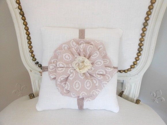 Decorative pillow, linen pillow, lavender cameo fabric flower with cameo button