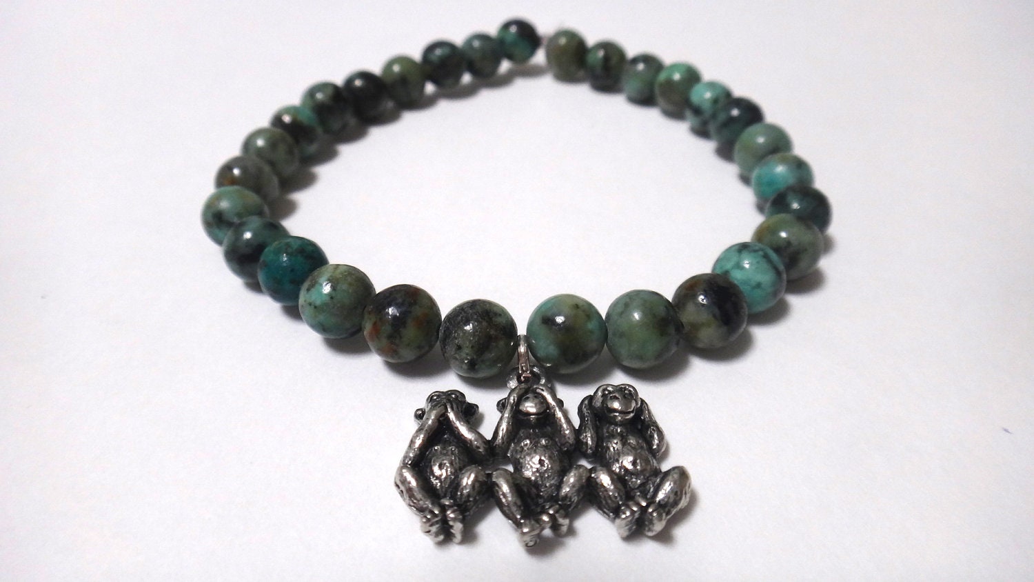 African Turquoise Beaded Bracelet with Silver Three Wise Monkey Charm