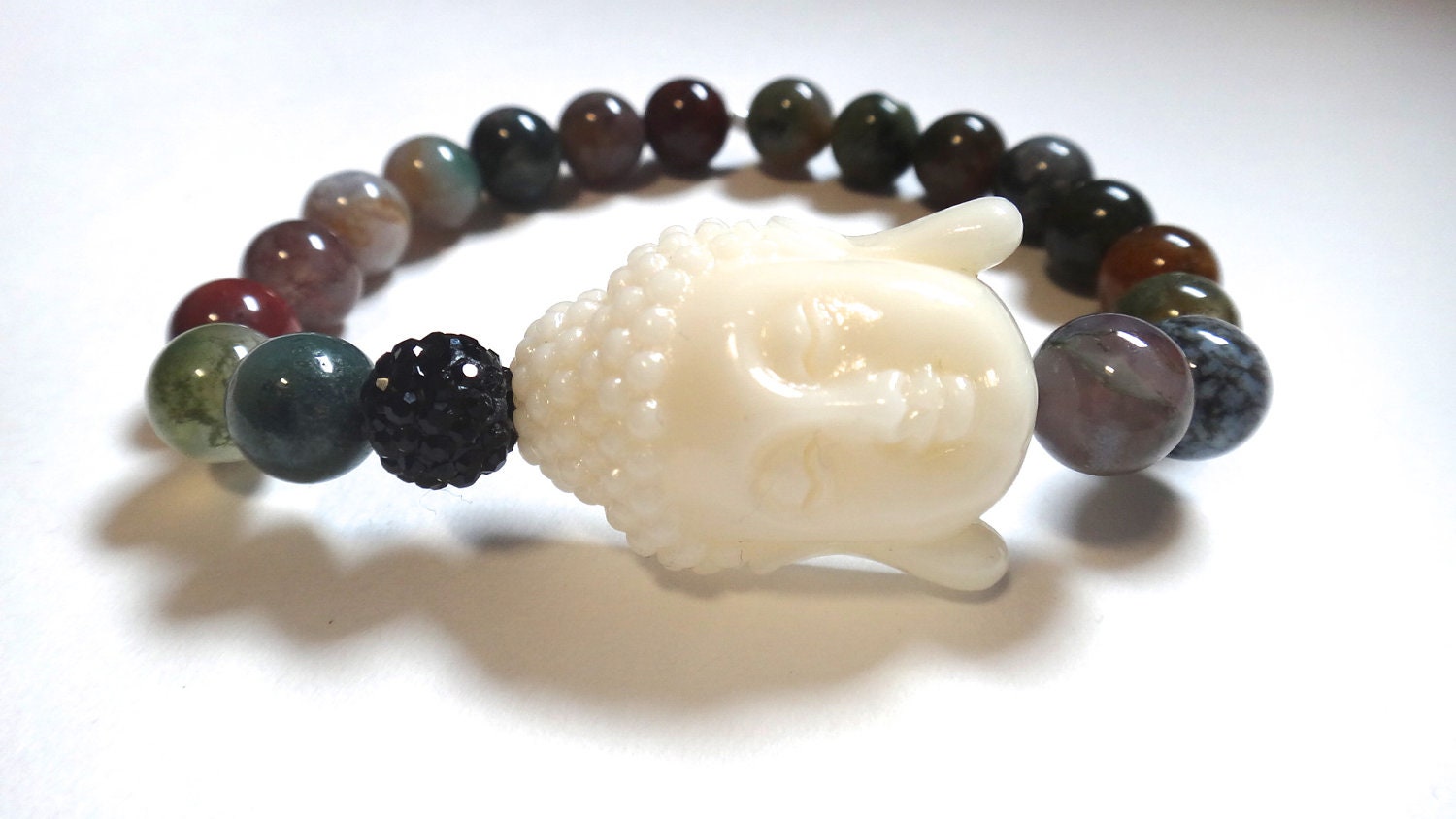 Fancy Jasper Beaded Bracelet with White Buddha and Black Rhinestone Bead