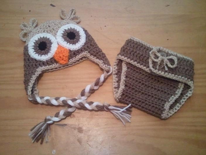 Baby Owl Earflaps Hat & Diaper Cover Cafe Buff Brown - Crochet Newborn NB Beanie Boy Girl Costume Halloween Thanksgiving Photo Prop Christ
