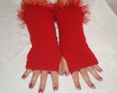 SALE.Fingerless  Gloves Red Wrist/Arm  Warmers.Knit.Long.Wool.Fur  Trim.