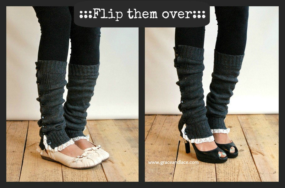 SALE SALE The Miss Molly - Charcoal Grey Slouchy Button Down Leg warmers with Knit Lace trim - Legwarmers (item no. 7-4)