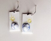 White dangle earrings with sun and little cloud - Handmade ceramic